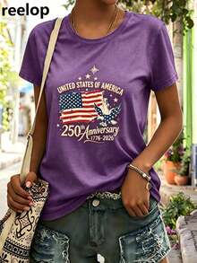 4th Of July Outfit WomenUSA 250th AnniversaryCommemorative Print Women's InspiredT-Shirt Short RoundNeckTopWhite LightweightY2K Short Sleeve Round Nec - 紫色 - 查看 2