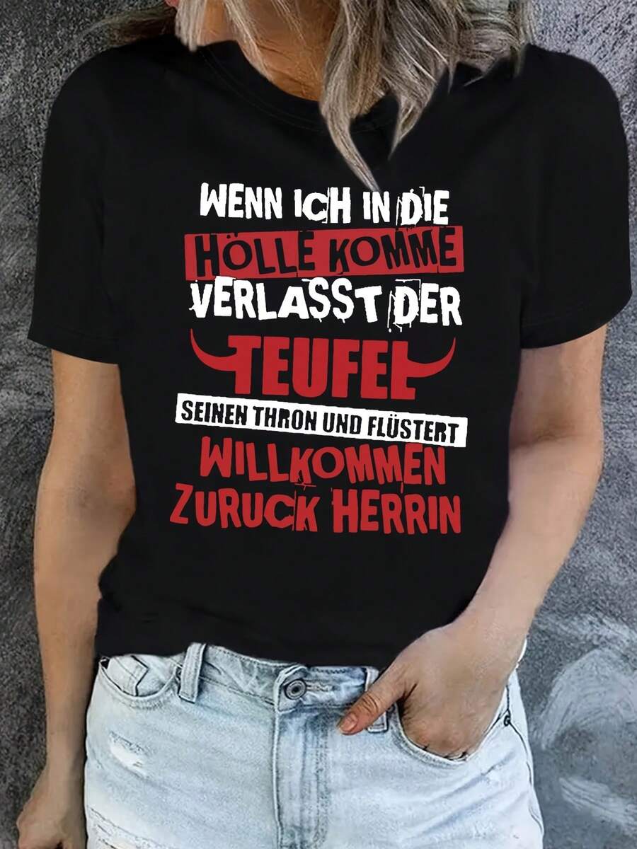 German "If I..." Printed Women'S Round Neck Short Sleeve T-Shirt For Spring And Summer - 黑色 - 查看 1