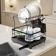 Piorlado 2 Tier Dish Drainer Rack - Dish Rack With Utensil Holder For Kitchen Counter, Large Capacity Space-Saving Dish Drying Rack With Draining Board, Extendable, Black - Black - View 6