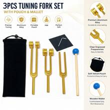 Gold 3-teiliges Chakra-Stimmgabel-Set, 128Hz, 256Hz, 512Hz, für Körpergewichtung Stimmgabel Chakra-Training und Yoga-Training, Reiki und Meditations-Essentials, Energie-Arbeit-Tuner - Gold - Übersicht 3