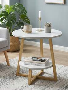 Super life One-Piece Imitation Marble Side Table, Double-Layer Round Side Table With Storage Shelf, Modern White Bedside Table, Nightstand, Small Coffee Table, Suitable For Living Room, Bedroom - Multicolor - View 2