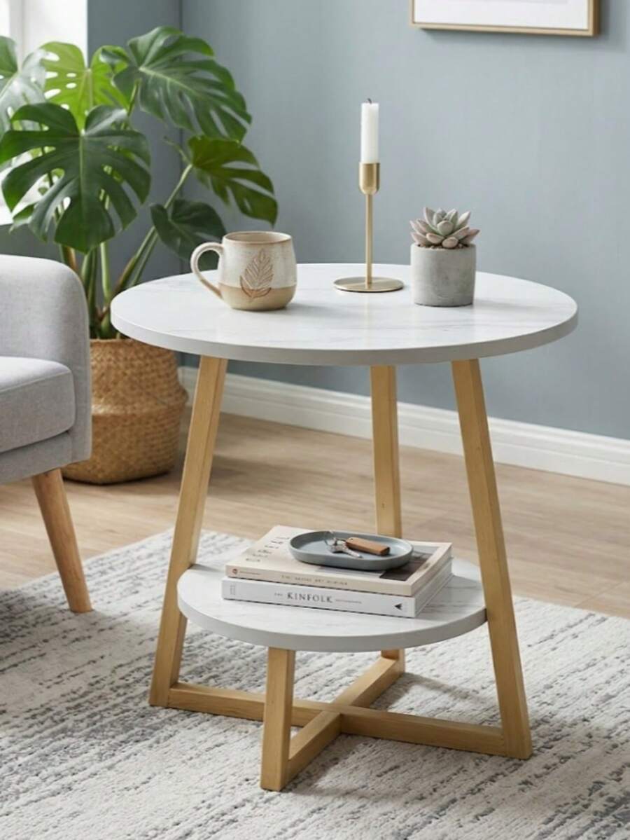 Super life One-Piece Imitation Marble Side Table, Double-Layer Round Side Table With Storage Shelf, Modern White Bedside Table, Nightstand, Small Coffee Table, Suitable For Living Room, Bedroom