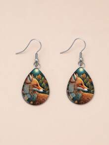 1 Pair Cartoon Elegant Fox Pattern With 316 Stainless Steel Water Drop Ear Hooks, Vintage Minimalist Style Suitable For Women's Daily Gift Wearing Jewelry Ear Accessories, Elegant Minimalist Style Women's Suitable For Daily Vacation Wearing Jewelry Ear Accessories - Burnt Orange - View 7