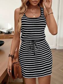 Vestido mini casual de mujer de punto de gofre a rayas, conjunto básico con cordones para salidas diarias, ropa de primavera/verano, vestidos de verano, ropa de primavera, casual - Blanco y Negro - Ver 1