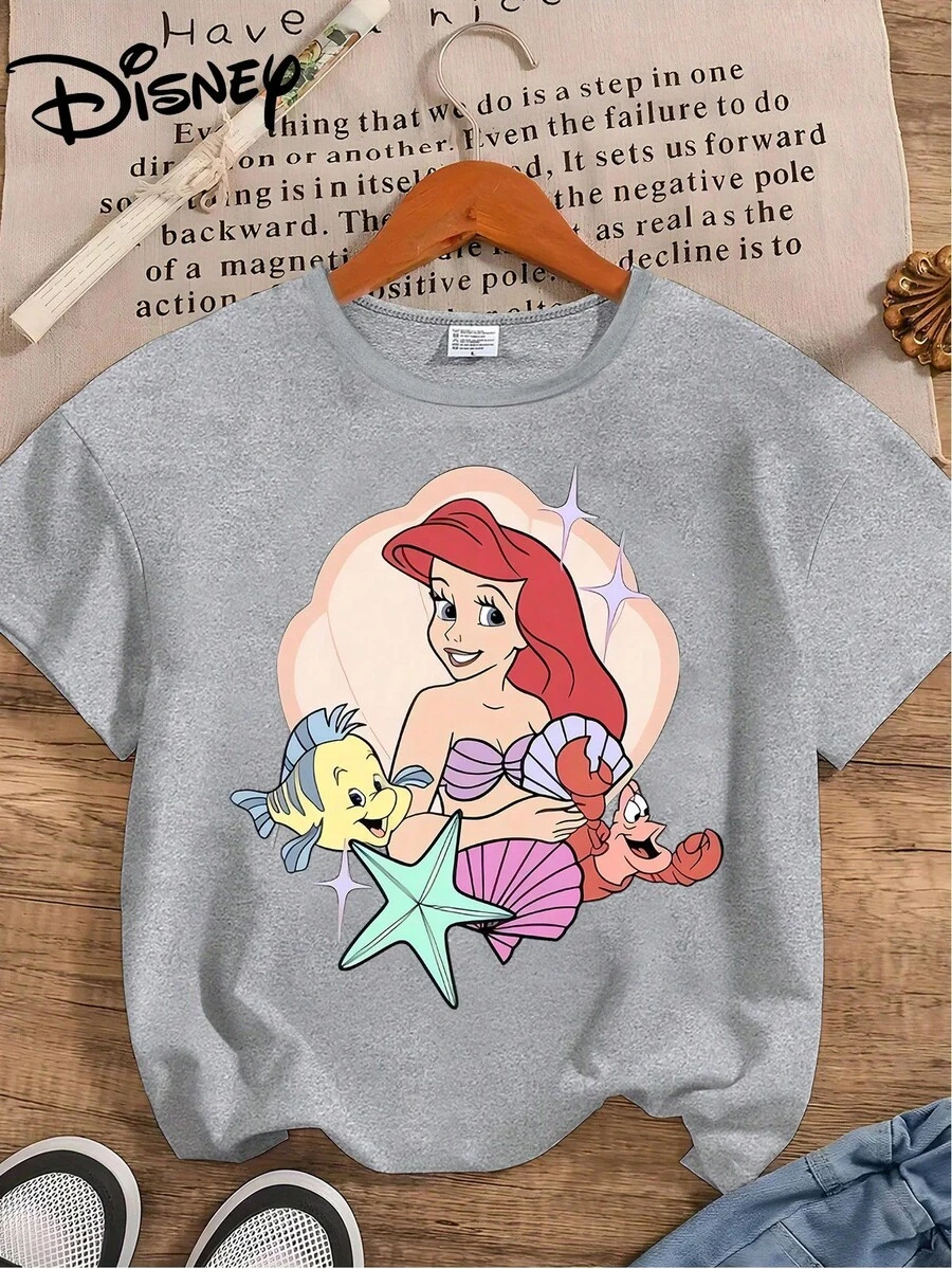 Disney The  Ariel Women T Shirt Casual Black Short Sleeve O Neck Top Featuring Ariel Flounder And Sebastian Print - Light Grey - View 1