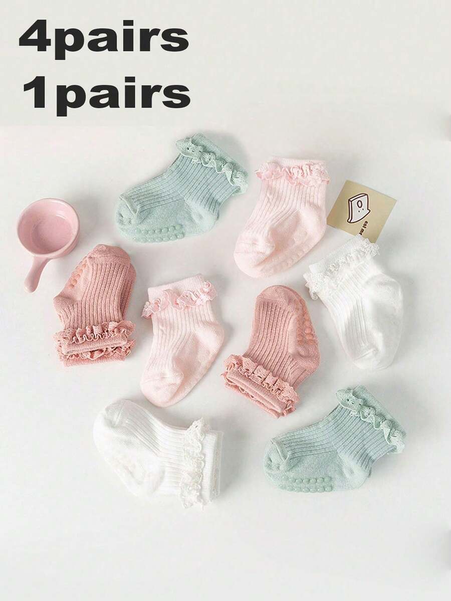4 Pairs/1 Pair Girls' Ruched Socks, Cute Grippy Non-Slip Toddler Socks With Ruffle Trim, Suitable For 0-3 Years Old Babies