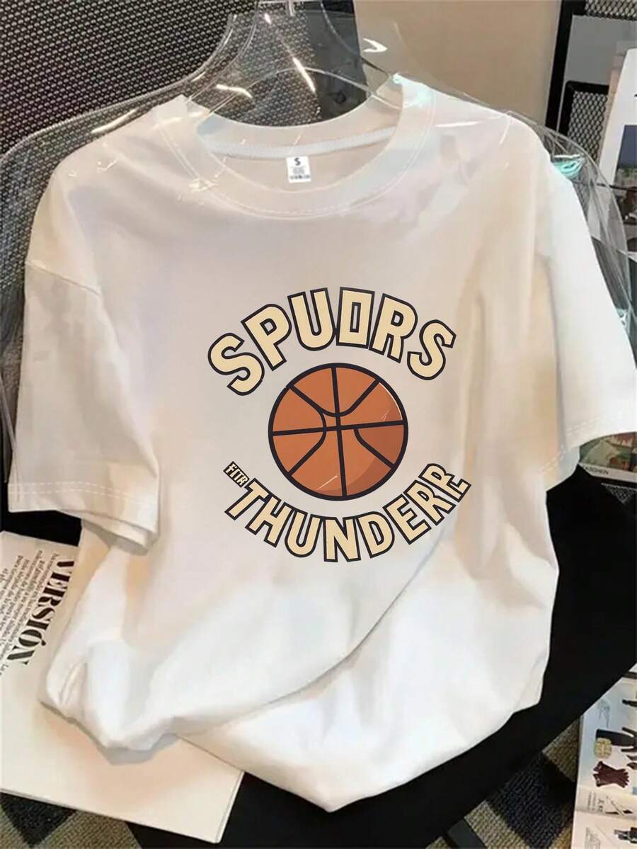 Camiseta estampada SPURS THUNDER para mujer, 1 unidad, manga corta, primavera/verano, el regalo perfecto para las fiestas, serie de baloncesto. - Blanco - Ver 1
