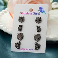 4 pares/set, pendientes de botón de acero inoxidable con cabeza de tigre, león, zorro, de moda, adecuados para hombres y mujeres, bodas y regalos - ZH006 - Ver 3