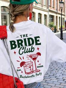 White Oversized Women's T-Shirt With "The Bride Club" Print On The Back, Casual Round Neck Short-Sleeved Shirt For Bachelorette Parties, Weddings And Bridal Showers 2026. - 白色 - 查看 17