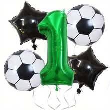 5pcs/Set Globos de Foil Verde Número 0-9 de 32 Pulgadas y Globos de Foil Redondos con Patrón de Estrella Negra/Balón de Fútbol de 18 Pulgadas, Globos de Decoración para Fiesta de Evento con Tema de Competición de Fútbol de la Copa del Mundo y Campus - Ver 5