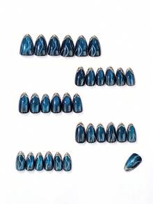 10pcs Short Cat Eye Deep Teal Press-On Nails, Luxury Gold Trim Fake Nails, Reusable Acrylic Nail Tips With Jelly Glue - 彩色 - 查看 3