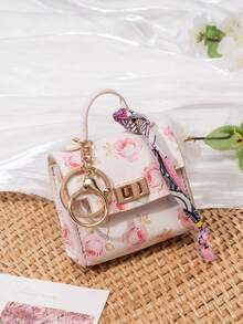 CHARM INFINITE 絲綢緞帶裝飾迷你方形旋轉鎖扣鑰匙圈包,花卉豹紋印花 PU 皮革耳機零錢卡片收納包,可愛手提包掛飾 - 彩色 - 查看 19