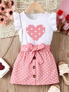 Young Girl Summer Casual Vacation Polka Dot Heart Print Ruffle Armhole Top And Tie Waist Skirt Set - Pink - View 1