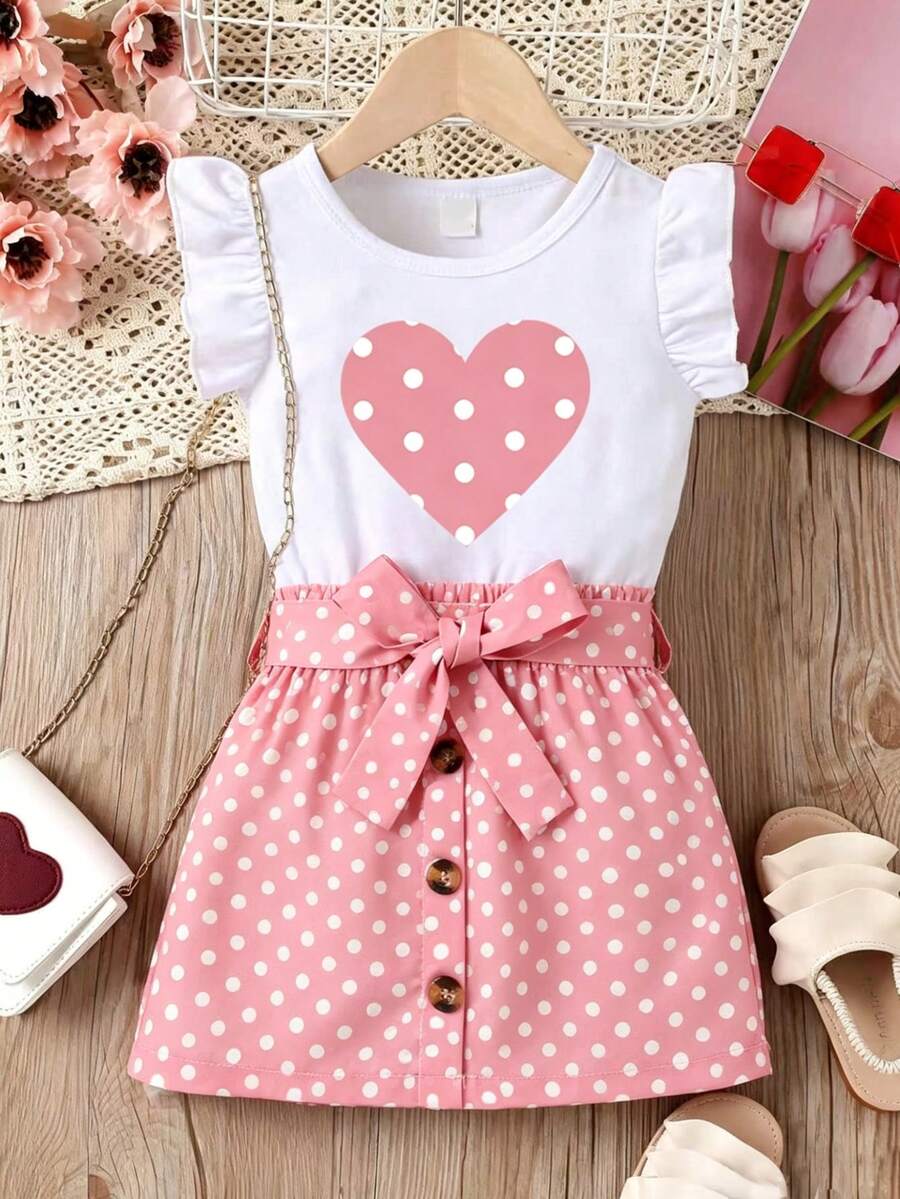 Young Girl Summer Casual Vacation Polka Dot Heart Print Ruffle Armhole Top And Tie Waist Skirt Set - Pink - View 1