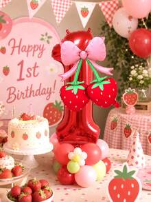 2pcs 40 Inch Red 0-9 Number + Bow Strawberry Foil Balloon Set, Suitable For Birthday Party, Baby Shower Decoration - Red Set - View 2