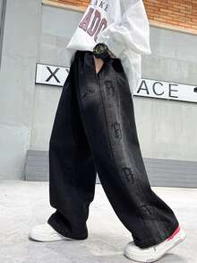 Celana Jeans Denim Motif Logo R Keren untuk Remaja Laki-Laki - Hitam - View 1
