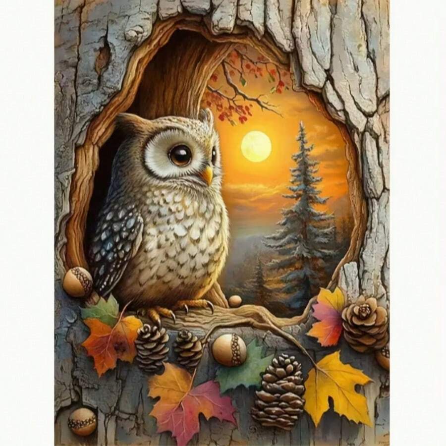 Diamond Painting - Tree Hole Owl Mosaic Rhinestone Embroidery Cross Stitch Adult Digital Painting Diamond Art, Suitable For Wall Decoration - View 1