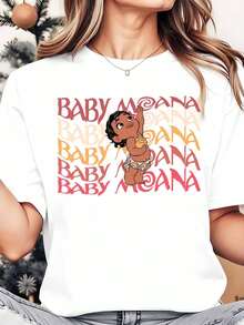 Disney Baby Moana Character Print, Women's Round Neck Shirt, Summer Tops Comfortable O-Neck T Shirt Fashion Casual Women Clothes - White - View 1