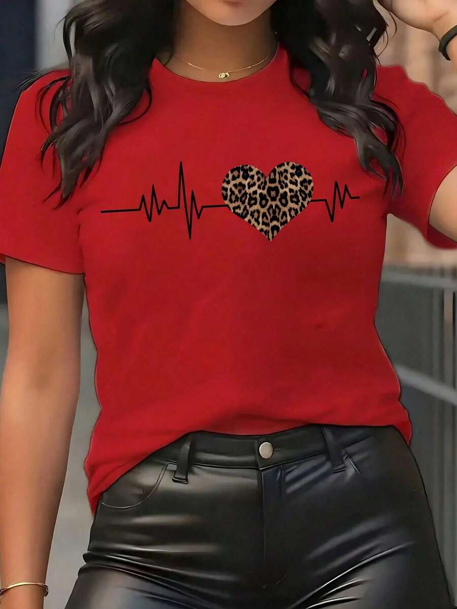 Women's Black T-Shirt With Leopard Heart Graphic And Heartbeat, Aesthetic Style Short Sleeve T-Shirt With Electrocardiogram Line, Minimalist Modern Top - 紅色的. - 查看 1