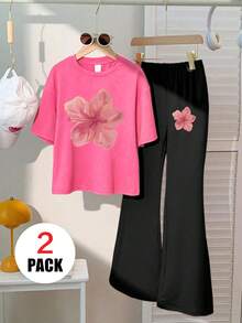 2pcs/Set Teen Girls Pink Floral Print Short Sleeve Flare Pants Soft Casual Summer Outfit - Multicolor - View 2