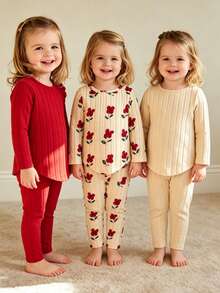 6pcs/Set Girls' New Autumn/Winter Soft Comfortable Minimalist Outdoor Ribbed Long Sleeve Floral Print Top + Pants Multi-Piece Outfit Winter Clothing - Multicolor - View 11