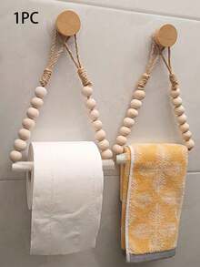 No Drill Vintage Rope & Wooden Bead Design Rustic Style Wooden Toilet Paper Roll Holder, With Jute Rope And Wooden Beads, Wall-Mounted Bathroom Tissue Dispenser, Designed For Wall, Easy To Install, Adhesive Bathroom Accessory - Multicolor - View 1