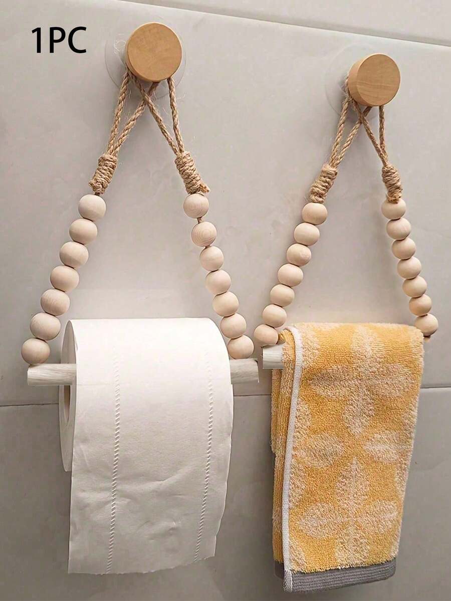 No Drill Vintage Rope & Wooden Bead Design Rustic Style Wooden Toilet Paper Roll Holder, With Jute Rope And Wooden Beads, Wall-Mounted Bathroom Tissue Dispenser, Designed For Wall, Easy To Install, Adhesive Bathroom Accessory - Multicolor - View 1