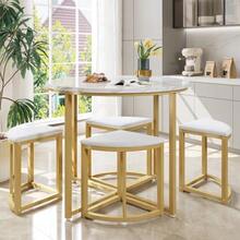 Dining Table And Chair Set, With MDF Tabletop And Gold Iron Frame, Velvet Chairs, Modern And Luxurious Style, White - Gold - View 4