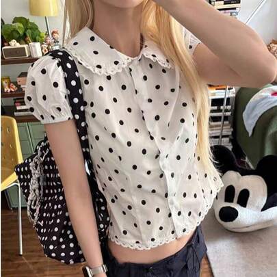 韓国系 やさしい風 ドット ベビーカラー 半袖 シャツ 女（おんな） 夏 ダブルバックル デザイン 甘い あちこち Tシャツ 上着