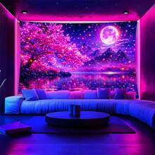 2D Blacklight Tapestry, Cherry Blossom Moonlight Lake Scene Design, Suitable For Bedroom, Living Room, Office Wall Decor. Also Suitable For Indoor And Outdoor Holiday Door Flags, Suitable For Porch And Garden. Computer Room Decor, Holiday And Party Decor - Multicolor - View 5