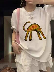 Women's Fashion Casual Loose Fit Cartoon Cat Print Short SleeveT-Shirt, Versatile For Summer White - White - View 4