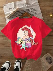 Disney The  Ariel Women T Shirt Casual Black Short Sleeve O Neck Top Featuring Ariel Flounder And Sebastian Print - 粉色 - 查看 3