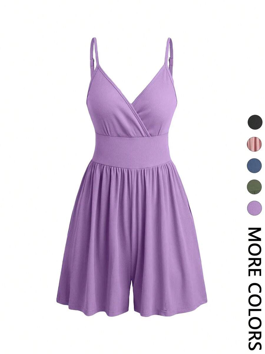 Women's Short Backless Crossover Cami Jumpsuit, Casual Jumpsuit With Adjustable Spaghetti Straps And Wide Leg, Summer Outfits 2024, Women's Everyday Wear Clothing - 紫色 - 查看 1