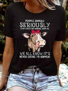 Cute Cow Print T-Shirt - Smiling Cow With Ears And Writing - Unisex FFQ3 - Black - View 1