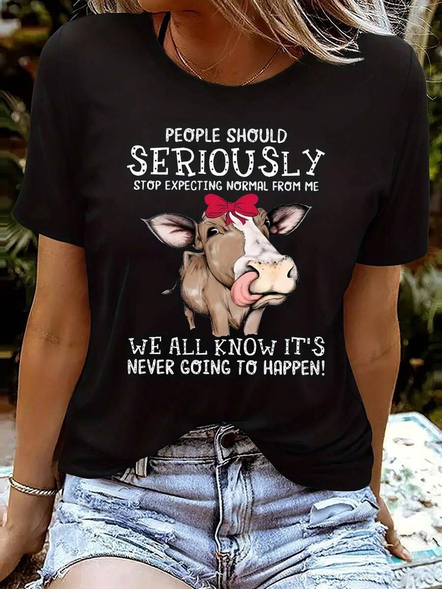 Cute Cow Print T-Shirt - Smiling Cow With Ears And Writing - Unisex FFQ3 - Black - View 1