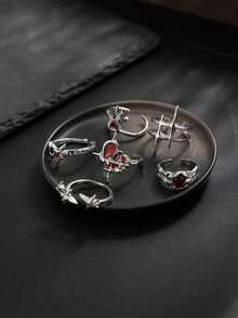 6piezas/Set Conjunto de Anillos Huecos con Pedrería para Hombres, Elegante & Lujoso, Exquisito & Brillante, Adecuado para Atuendos de Estilo Callejero de Lujo Ligero - Plateado - View 4