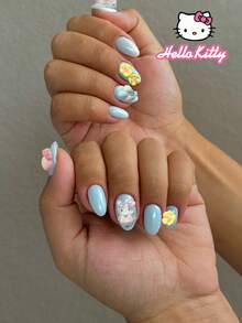 Sanrio Hello Kitty 24片短橢圓藍色法式指尖美甲貼，附可愛3D Hello Kitty、花朵與氣球裝飾，完美貼合壓克力假指甲套組，含1片果凍膠與1片指甲锉，適合女性與女孩日常及派對使用 - 彩色 - 查看 2