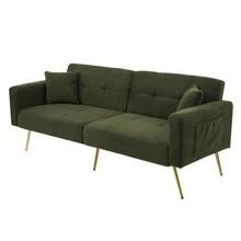 Sofa Bed With Adjustable Incline, Gold Legs, Cushions And Side Storage Pockets - 軍綠色 - 查看 3