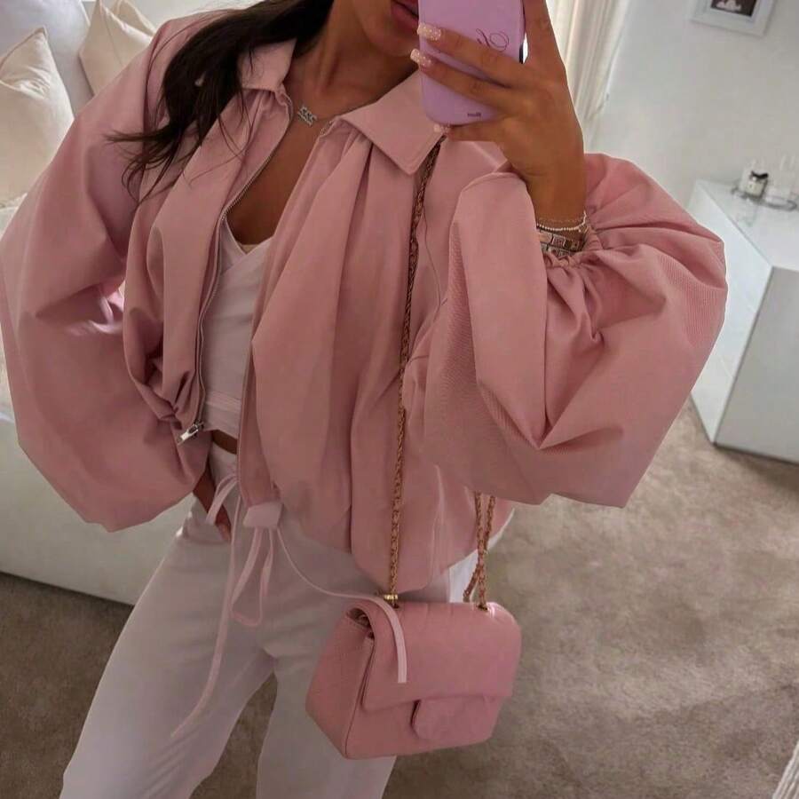 Chaqueta bomber de manga globo para mujer Seelio, moda casual europea y americana, primavera y otoño color rosa - Rosa - Ver 1