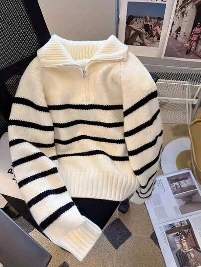New Fall Clothes For Women, Casual Striped Contrast Color Lapel Long Sleeve Knit Sweater Top, Back To School White