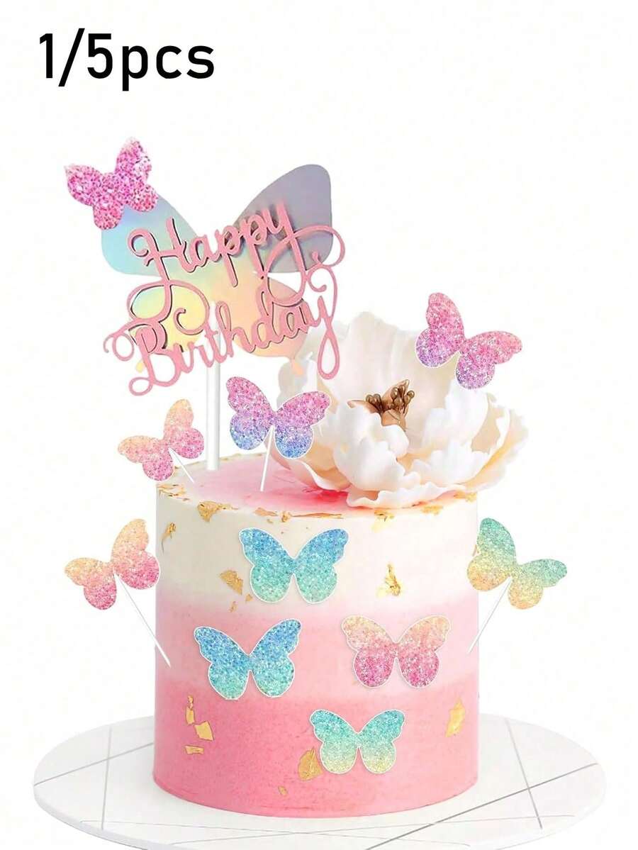 1/5入 蝴蝶蛋糕裝飾、蝴蝶杯子蛋糕插卡、仙女生日蛋糕裝飾、漸層閃粉蝴蝶蛋糕插卡、玫瑰金緞帶氣球蛋糕配件、閃粉蝴蝶杯子蛋糕插卡、生日婚禮仙女派對蝴蝶蛋糕裝飾、彩色烘焙蛋糕裝飾 - A - 查看 1