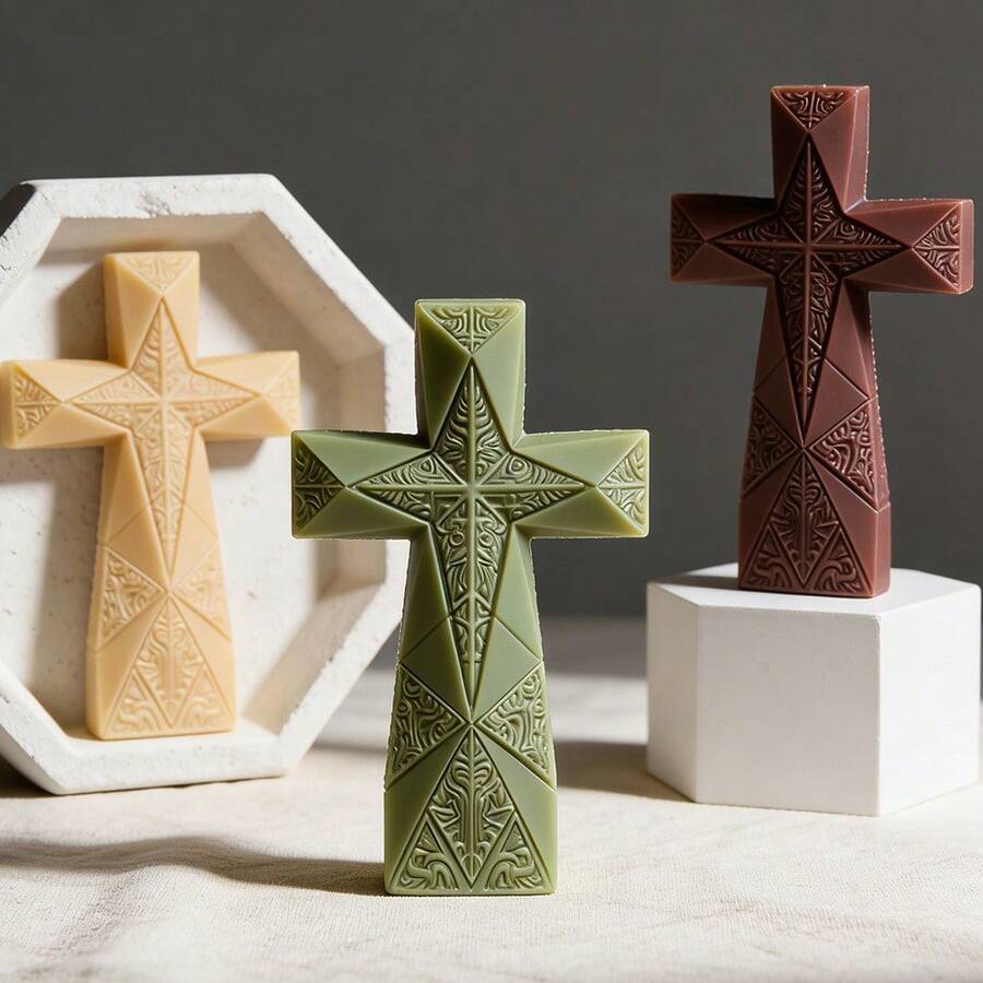Cetakan Silikon Lilin Aromaterapi Salib Bermotif, Cetakan Plaster Salib Belah Ketupat 3D, Alat Pengecoran Resin Epoksi Geometris Desain Artistik, Cocok untuk Dekorasi Rumah, Suvenir Buatan Tangan, Perlengkapan Lilin DIY - 1 buah Cetakan - View 1