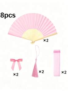 4pcs Value Set! Pink Bamboo Fan + Tassel + Bow + Storage Bag. Suitable For Wedding/Party/Daily Use. - Multicolor - View 14