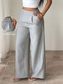 Pantalones holgados de pierna recta para mujer, de algodón de bambú, con diseño de cintura con hebilla superpuesta en la parte delantera, pliegue frontal para el Día de Acción de Gracias - Gris - Ver 1