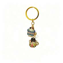 Vintage Floral Teacup Double Cat Keychain, Lazy Atmosphere, Healing Niche Accessory Pendant, Bohemian Style Enamel Cat Charm Cup With Napping Cute Pet, Exquisite Light Luxury Portable Key Chain - Enamel Cat Keychain - View 1