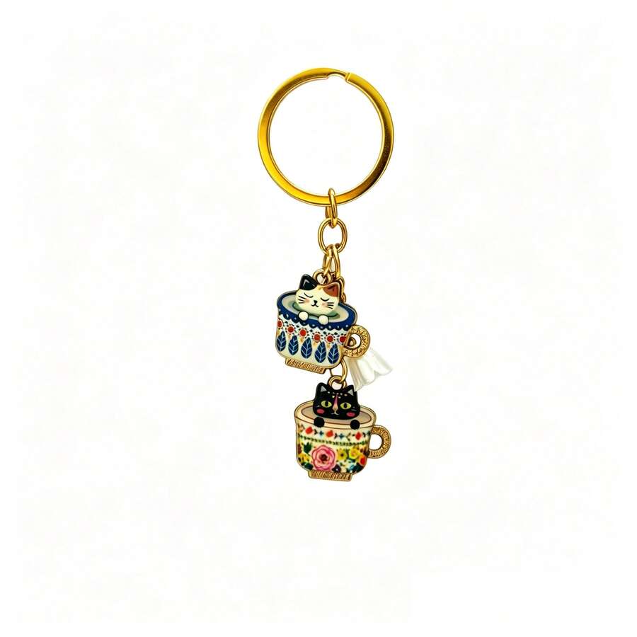 Vintage Floral Teacup Double Cat Keychain, Lazy Atmosphere, Healing Niche Accessory Pendant, Bohemian Style Enamel Cat Charm Cup With Napping Cute Pet, Exquisite Light Luxury Portable Key Chain - Enamel Cat Keychain - View 1