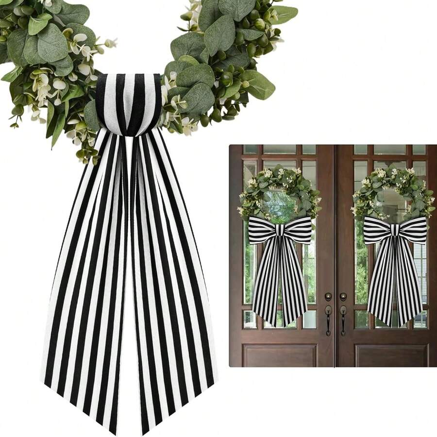 1 Pack/2 Packs Boxwood Wreath Belt Decorative Band, Used For Front Door Porch Decoration (Black And White Striped)
