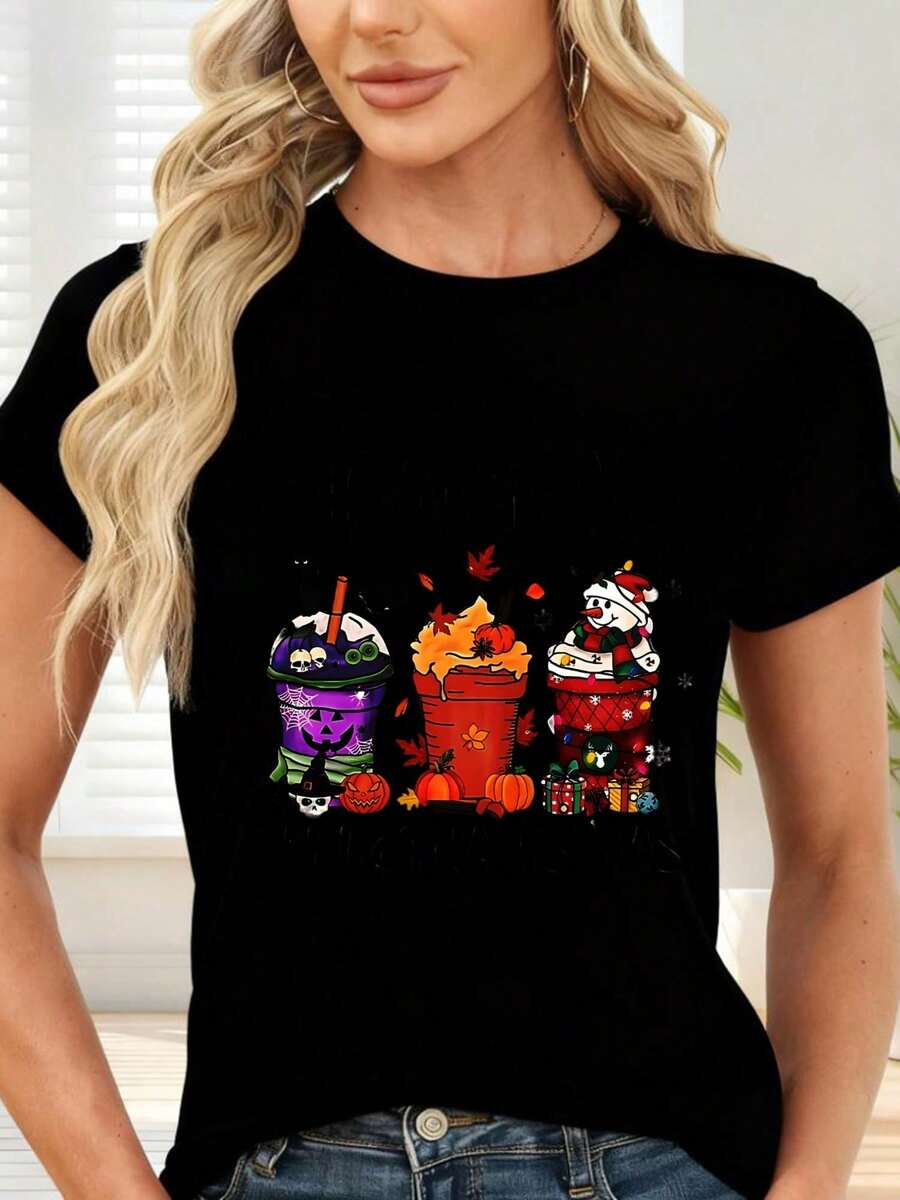 Camiseta de con Estampado de Tazas Temáticas de Halloween Día de Acción de Gracias y Navidad para Fiestas y Ocasiones Especiales - Negro - Ver 1
