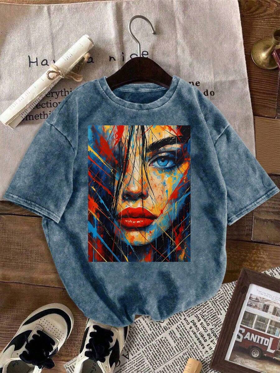 Colorful Graffiti Cool Woman Printed Vintage-Washed T-Shirt With Short Sleeves And A Small Round Neckline. Features A Refined Spring/Summer Comfortabl