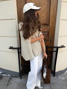 MORI Sweater Wanita Musim Gugur Musim Dingin Y2K Elegan Beige Leher Tinggi Model Mock Neck Lengan Terbuka Belahan Rajut Bergaris Model Cape Sweater Pullover Atasan untuk Pakaian Kembali ke Sekolah - Aprikot Kakao - View 3